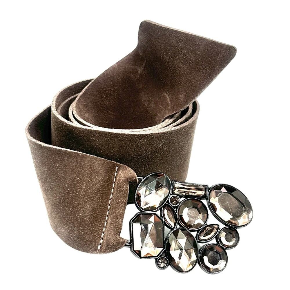 Women's brown suede belt with embellished smoky golden faux glass